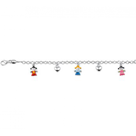 Zilveren bedel armband poppetjes en hartjes 13-15cm/3mm - 602231