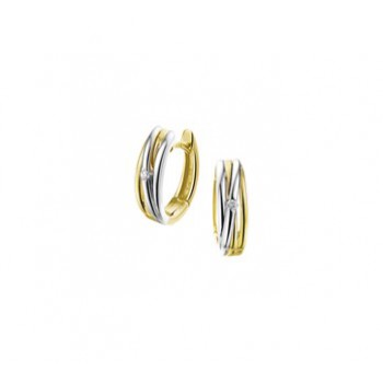 14 krt bicolor gouden creolen overslag met briljant 2-0.04crt H SI - 610934