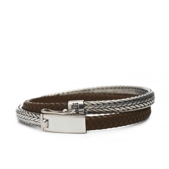 S!LK Armband Alpha Silver & Leather Wrap Brown 344BRN.19 - 613274