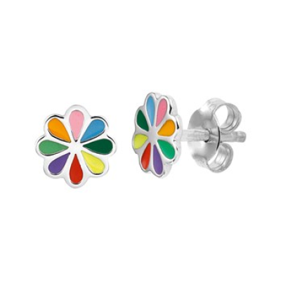 Zilveren oorknoppen bloem multicolor emaillle - 611445