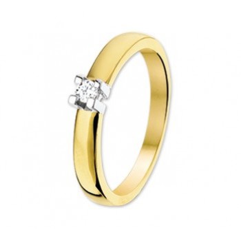 14krt bicolor gouden solitairring met diamant 0.10crt H SI maat 17.5 (H056) - 614561