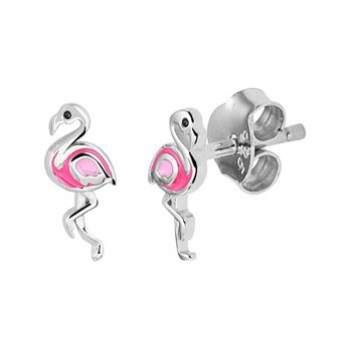 Zilveren oorknop flamingo emaille - 614941