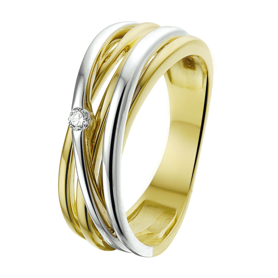 14krt bicolor gouden ring overslag met briljant 0.04crt SI maat 19 - 615884