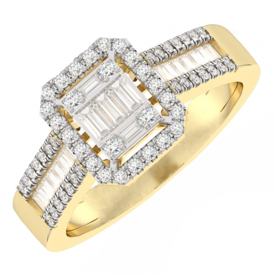 14krt gouden ring met diamant 54-0.25crt H SI en baguette 19-0.25crt H SI - 616765