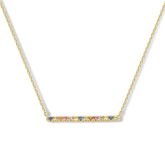 14krt gouden collier met balkje ertussen 'Rainbow' saffiermix 0.28crt 40-42-44cm - 618362 14krt gouden collier met balkje ertussen 'Rainbow' saffiermix 0.28crt 40-42-44cm - 618362
