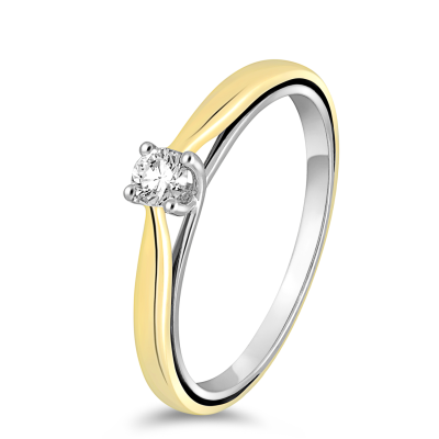 14krt bicolor gouden solitairring met diamant 1-0.15crt H SI - 613706