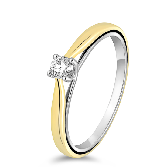 14krt bicolor gouden solitairring met diamant 1-0.15crt H SI - 613706 14krt bicolor gouden solitairring met diamant 1-0.15crt H SI - 613706