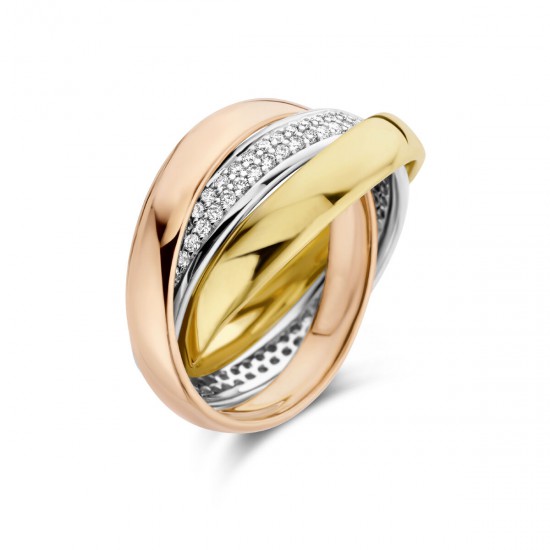 14krt tricolor gouden TRINITY-RING 3 ringen ineen met diamant 0.50crt 3 ringen x 4mm maat 18 - 617577