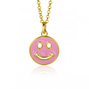 ZINZI zilveren hanger smiley rond 15mm verguld met roze emaille ZIH2312R - 618581