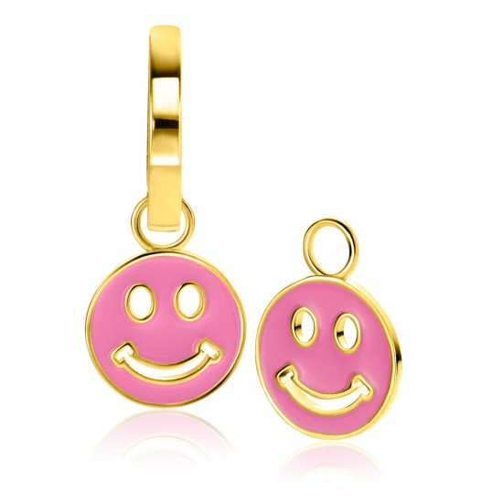 ZINZI zilveren oorbedels ronde smiley oorbedels, bezet met trendy roze emaille verguld 15mm ZICH2312R - 618931