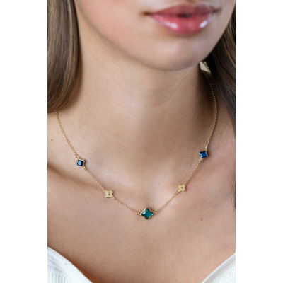 ZINZI zilveren schakel ketting met twee donkerblauwe klavers en een grotere groene klaver 40-45cm verguld ZIC2583 - 620067