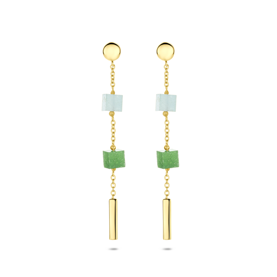 14krt gouden oorhangers blauw en groen kwartsiet 46mm - 620356