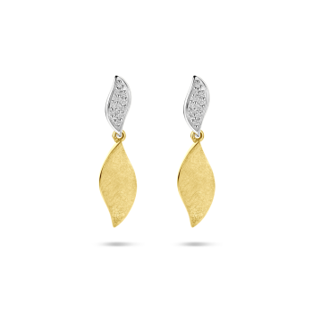 14krt bicolor gouden oorhangers poli/mat diamant 0.06ct (2x 0.03ct) H SI 24 mm - 620362