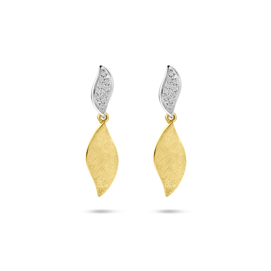 14krt bicolor gouden oorhangers poli/mat diamant 0.06ct (2x 0.03ct) H SI 24 mm - 620362