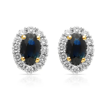 14krt gouden oorstekers met saffier 2-0.60 en diamant 24-0.25crt H SI - 620940