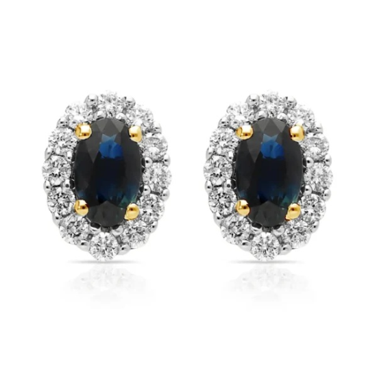 14krt gouden oorstekers met saffier 2-0.60 en diamant 24-0.25crt H SI - 620940