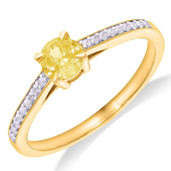 14krt gouden solitairring met zijstenen citrien 1-0.32ct, diamant 18-0.09crt H SI - 621119 14krt gouden solitairring met zijstenen citrien 1-0.32ct, diamant 18-0.09crt H SI - 621119