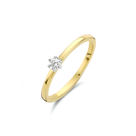 14krt bicolor gouden solitairring 6-poots chaton met diamant 0.10crt H SI maat 16.5 - 619878