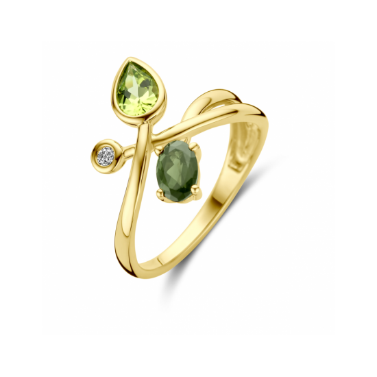 14krt gouden ring met groen toermalijn, peridot en diamant 0.03ct h si - 619755