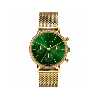 ZINZI horloge CHRONOGRAPH 36mm stopwatch groene wijzerplaat, geelgoudkleurige stalen kast met crystals, geelgoudkleurige stalen mesh band 18mm ZIW1635 - 621239