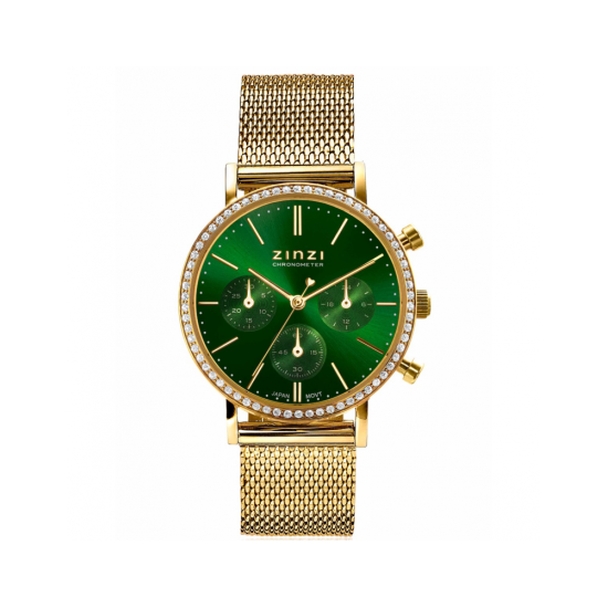 ZINZI horloge CHRONOGRAPH 36mm stopwatch groene wijzerplaat, geelgoudkleurige stalen kast met crystals, geelgoudkleurige stalen mesh band 18mm ZIW1635 - 621239
