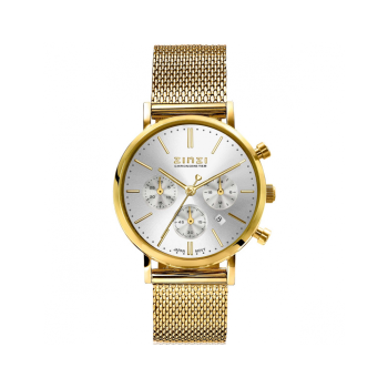 ZINZI horloge CHRONOGRAPH 34mm zilverkleurige wijzerplaat met datum en chronometers, geelgoudkleurige stalen kast, geelgoudkleurige stalen mesh band 18mm ZIW1533 - 621206 ZINZI horloge CHRONOGRAPH 34mm zilverkleurige wijzerplaat met datum en chronometers, geelgoudkleurige stalen kast, geelgoudkleurige stalen mesh band 18mm ZIW1533 - 621206