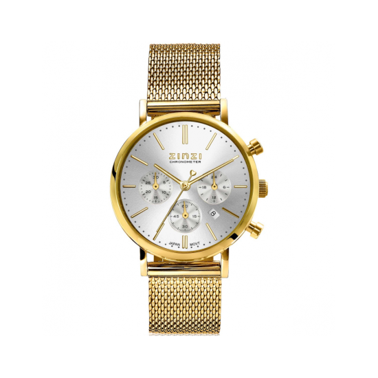 ZINZI horloge CHRONOGRAPH 34mm zilverkleurige wijzerplaat met datum en chronometers, geelgoudkleurige stalen kast, geelgoudkleurige stalen mesh band 18mm ZIW1533 - 621206