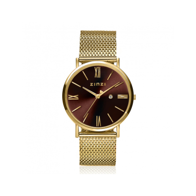 ZINZI Roman horloge 34mm bruine wijzerplaat geelgoudkleurige stalen kast en mesh band Japans uurwerk ZIW536M - 620785 ZINZI Roman horloge 34mm bruine wijzerplaat geelgoudkleurige stalen kast en mesh band Japans uurwerk ZIW536M - 620785