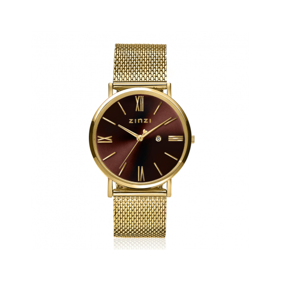 ZINZI Roman horloge 34mm bruine wijzerplaat geelgoudkleurige stalen kast en mesh band Japans uurwerk ZIW536M - 620785
